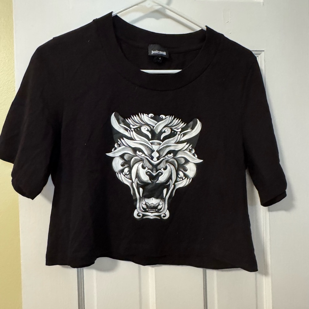 Just Cavalli Women’s Black Cropped Tee Size M Tiger Head Bikercore Goth